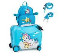COSTWAY Valise Enfants à Roulettes 18” avec Sac à Dos 12”, Roues Coque Imperméable Poignée Rétractable, Licorne, 3 Ans+, Bleu