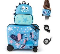 COSTWAY Valise Enfants à Roulettes 18” avec Sac à Dos 12”, Roues Coque Imperméable Poignée Rétractable, Dinosaure, 3 Ans+, Bleu