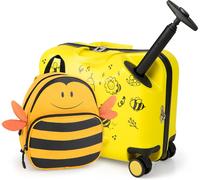 Costway18 Valise à Roulettes Enfants avec 12 Sac à Dos Bagages à Main pour Voyage avec Poignée Rétractable Modèle d'Abeille pour Enfants de 3 Ans+ Noir+Jaune