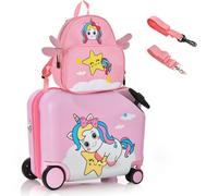 Costway18 Valise à Roulettes Enfants avec 12 Sac à Dos Bagages à Main pour Voyage avec Poignée Rétractable Modèle d'Abeille pour Enfants de 3 Ans+ Rose