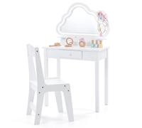 Costway2 en 1 Coiffeuse Enfant avec Miroir Forme Nuage Lumière LED & Chaise Table de Maquillage Princesse Transformable en Bureau pour 3-6 Ans Blanc