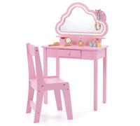 Costway2 en 1 Coiffeuse Enfant avec Miroir Forme Nuage Lumière LED & Chaise Table de Maquillage Princesse Transformable en Bureau pour 3-6 Ans Rose