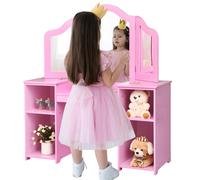 Costway2 en 1 Coiffeuse pour Enfants avec Miroir Amovible Bureau Enfant avec 4 Étagères et 3 Panneau Pliables Rose