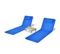 Costway2 x Matelas de Plage Pliables et Table d'Appoint 161 x 51,5 x 27-47 CM Tapis de Plage avec Dossier Réglable Bleu