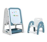 Costway2en1 Tableau Magnétique Enfant Double Face avec Tabouret Etagère de Livres Hauteur Réglable Blanc et Bleu