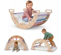 Costway3 en 1 Arche d'Escalade en Bois Enfant avec Coussin Arche à Bascule Montessori pour Tout-Petits Jouet d'Escalade Charge 50 kg 1+ An Macaron