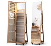 Costway3 en 1 Armoire à Bijoux sur Roulettes Miroir Psyché sans Cadre Lumières LED Étagères Réglables Verrouillable Naturel