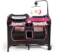 COSTWAY Lit Parapluie Pliant Bébé avec Matelas 4 en 1-0-36 Mois-Arceau de Jeu-Table à Langer-Boîte à Musique-Barres Réglable-Rose