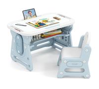 Costway3 en 1 Montessori Table et Chaises pour Enfants Réglable en Hauteur avec Tableau Blanc Inclinable Espace de Rangement pour 3+ Ans Bleu
