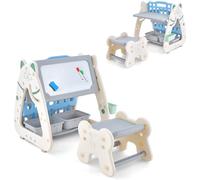 Costway3 en 1 Tableau Chevalet Magnétique Enfant avec Tabouret Réglable en Hauteur Table enfant et Bibliothèques 1-5 Ans Bleu