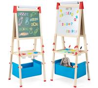 Costway3 en 1 Tableau Enfant Double Face en Bois avec Rouleau de Papier & 60 Accessoires Chevalet Magnétique Hauteur Réglable Sac de Rangement pour 3-8 Ans Naturel Bleu