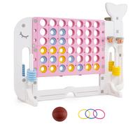 Costway4 en 1 Jeux Puissance 4 avec Panier Basket Lancer d'Anneaux et Mini-Golf Jeu de Société avec 2 Porte-gobelets pour 1+ Ans Rose