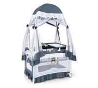 Costway4 en 1 Lit Parapluie Bébé avec Matelas et Filet Détachable Lit Bébé Evolutif avec Table à Langer, Style Princesse Boîte à Musique et Jouets pour Bébé de 0-3 Ans Gris