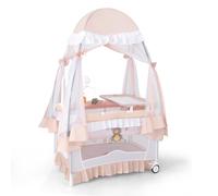 Costway4 en 1 Lit Parapluie Bébé avec Matelas et Filet Détachable Lit Bébé Evolutif avec Table à Langer Boîte à Musique pour 0-3 Ans Rose