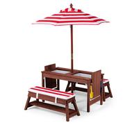 Costway4 en 1 Table de Pique-nique Enfant en Bois Massif avec Parasol Réglable et Banc Table Sable et Eau avec Bacs Amovibles pour 3+ Ans Rouge
