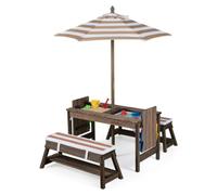 Costway4 en 1 Table de Pique-nique Enfant en Bois Massif avec Parasol Réglable et Banc Table Sable et Eau avec Bacs Amovibles pour 3+ Ans Café