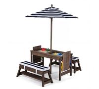 Costway4 en 1 Table de Pique-nique Enfant en Bois Massif avec Parasol Réglable et Banc Table Sable et Eau avec Bacs Amovibles pour 3+ Ans Bleu