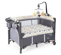 Lit Parapluie Bébé Evolutif Matelas 6 en 1 COSTWAY Table à Langer,5 Hauteurs Réglables,Boîte à Musique et Jouets Suspendus Gris