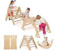 Costway7 en 1 Triangle Arche Montesso i d'Escalade Enfants avec Toboggan Bois Rampe Échelle Réglable Aire de Jeux pour 1 Naturel