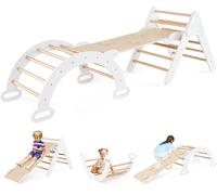 Costway7 en 1 Triangle Arche Montessori d'Escalade Enfants avec Toboggan Bois Rampe Échelle Réglable Aire de Jeux pour 1 Ans+ Blanc+Naturel