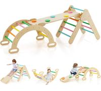 Costway7 en 1 Triangle Arche Montessori d'Escalade Enfants avec Toboggan Bois Rampe Échelle Réglable Aire de Jeux pour 1 Ans+ Coloré