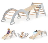 Costway7 en 1 Triangle Arche Montessori d'Escalade Enfants avec Toboggan Bois Rampe Échelle Réglable Aire de Jeux pour 1 Ans+ Gris