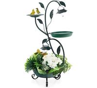 CostwayAbreuvoir Oiseaux Énergie Solaire 83CM Bain d'Oiseaux et Mangeoire sur Pied avec Support pour Fleurs et 2 Lumières LED Décoratif Bronze