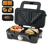 CostwayAppareil à Gaufres 3-en-1 Presse à Panini et Grille-Pain avec Plaques Antiadhésives Amovibles Machine à Croque-Monsieur Électrique Noir