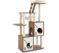 CostwayArbre à Chat 145 CM Tour à Plusieurs Niveaux avec Poteaux à Griffer Perchoir Échelle Hamac Suspendu et 2 Condos Maison de Jeu Naturel