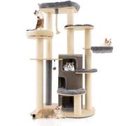 CostwayArbre à Chat 173CM 3 Condos 2 Perchoirs Hamac Tour à chat Griffoir Poteaux sisal boule à ressort Gris