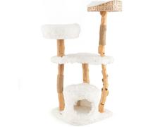 CostwayArbre à Chat en Bois 124 CM avec Perchoir Supérieur en Quenouilles et Condo Tour à Chat avec Coussin Moelleux Confortable Blanc