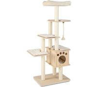 CostwayArbre à Chat en Bois 170CM - Perchoir Condo - Tour à Chat - Coussin Amovible Poteaux à Gratter en Sisal 4 Plate-formes Naturel