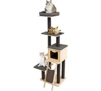 CostwayArbre à Chat en Bois 175CM avec Coussins Détachables et Niche Tour de Jeu pour Chat avec Poteaux en Sisal Planche à Gratter Gris
