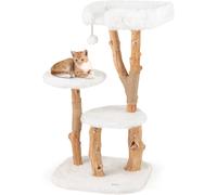 CostwayArbre à Chat en Bois Massif Tour pour Chat en Bois avec Perchoir Poteaux à Gratter en Jute Naturelle Balle Suspendue Peluche Douce Blanc