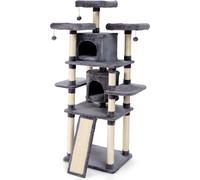 CostwayArbre à Chat Griffoir 60x50x170 cm avec Poteaux Planche à Gratter 3 Perchoirs en Peluche 2 Niches 3 Peluches Suspendues