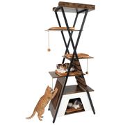 CostwayArbre à Chat Haut avec Planches à Griffer Niche Plateforme Tapis Lavables 3 Pompons Multi-Niveaux Structure Métallique 185 CM Café