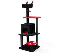 CostwayArbre a Chat Noir 144 cm Style Gothique avec Plateforme Fantôme Griffoir Chaton Multi-Niveaux avec Condo Coussin Lavable Jouet Suspendu Rouge