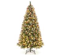 CostwayArbre de Noël Artificiel Pré-Éclairé 195 cm à Charnière Pré-Décoré 909 Pointes de Branches 420 Lumières Led 8 Modes d'Éclairage Pommes de Pin Baies Rouges