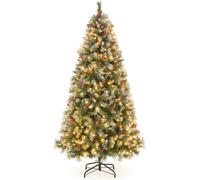 CostwayArbre de Noël Artificiel Pré-Éclairé 195 cm à Charnière Pré-Décoré 909 Pointes de Branches 420 Lumières Led 8 Modes d'Éclairage Pommes de Pin Baies Rouges