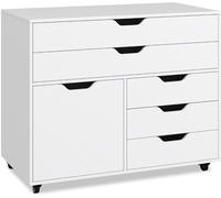 CostwayArmoire à 5 Tiroirs avec Porte Desserte Mobile à 5 Roulettes Armoire à Dossiers Latérale Roulante Support d'Imprimante Blanc