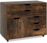 CostwayArmoire à 5 Tiroirs avec Porte Desserte Mobile à 5 Roulettes Armoire à Dossiers Latérale Roulante Support d'Imprimante Marron Rustique