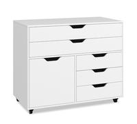 CostwayArmoire à 5 Tiroirs avec Porte Desserte Mobile à 5 Roulettes Armoire à Dossiers Latérale Roulante Support d'Imprimante Blanc