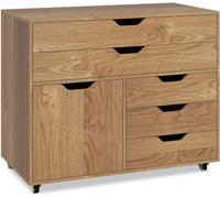CostwayArmoire à 5 Tiroirs avec Porte Desserte Mobile à 5 Roulettes Armoire à Dossiers Latérale Roulante Support d'Imprimante Naturel