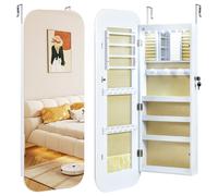 CostwayArmoire à Bijoux avec Miroir 6 LED Organiseur de Bijoux Verrouillable à Montage Mural ou sur Porte avec Miroir Arrondi 42x10x107,5cm Blanc