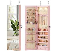 CostwayArmoire à Bijoux avec Miroir et Lumière LED Multiples Rangements avec Crochets pour Porte 120 x 36 x 10 cm Rose
