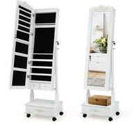 CostwayArmoire à Bijoux avec Miroir Pleine Longueur 4 Roues Verrouillables lumières LED et Tiroirs 3 Angles Réglables Blanc
