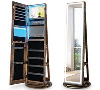 CostwayArmoire à Bijoux avec Miroir sur Pieds Pivotant 360° Grand Miroir Psyché Sans Cadre avec LED Verrouillable Placard Beauté 3 Étagères Café