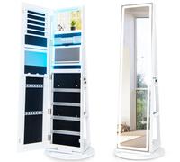 CostwayArmoire à Bijoux avec Miroir sur Pieds Pivotant 360° Grand Miroir Psyché Sans Cadre avec LED Verrouillable Placard Beauté 3 Étagères Blanc