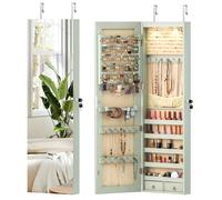 CostwayArmoire à Bijoux Mural avec Miroir et Lumière LED Armoire de Rangement Accrochée à La Porte 120 x 36 x 10 cm Vert Clair
