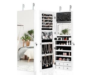 CostwayArmoire à Bijoux Murale/à Suspendre LED 4 Tiroirs 4 Etagères et 1 Abattant Intégré pour Bijoux et Cosmétiques Blanc